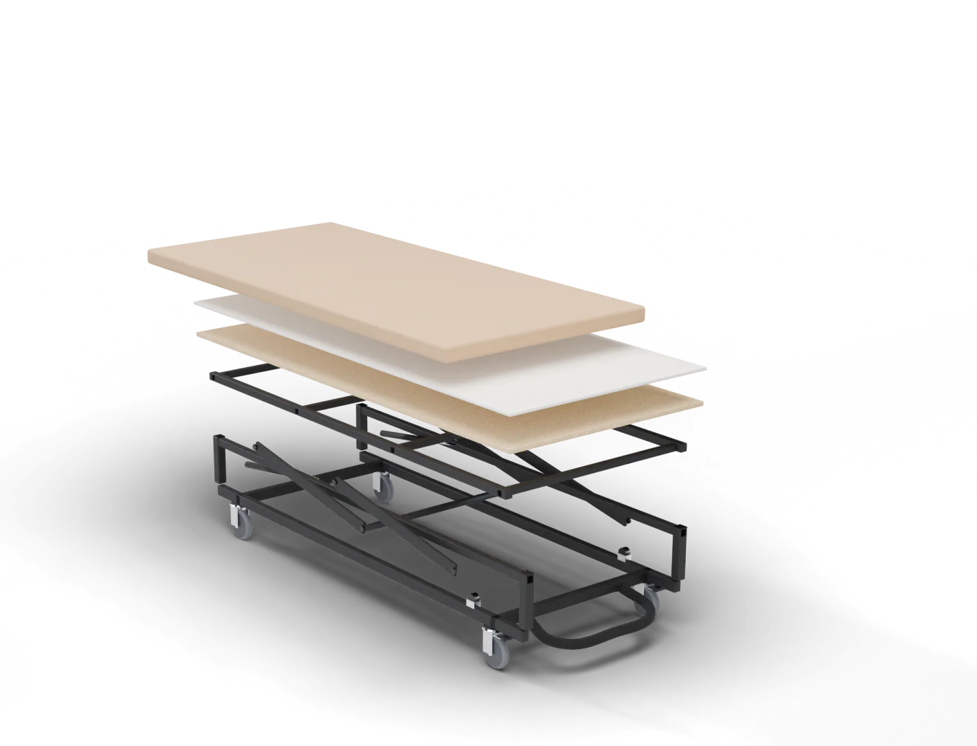 La cama elevable despiezada: base tapizada con su fibra, su tablero y su marco de acero, tijera con pistones, chasis con ruedas y pedal.