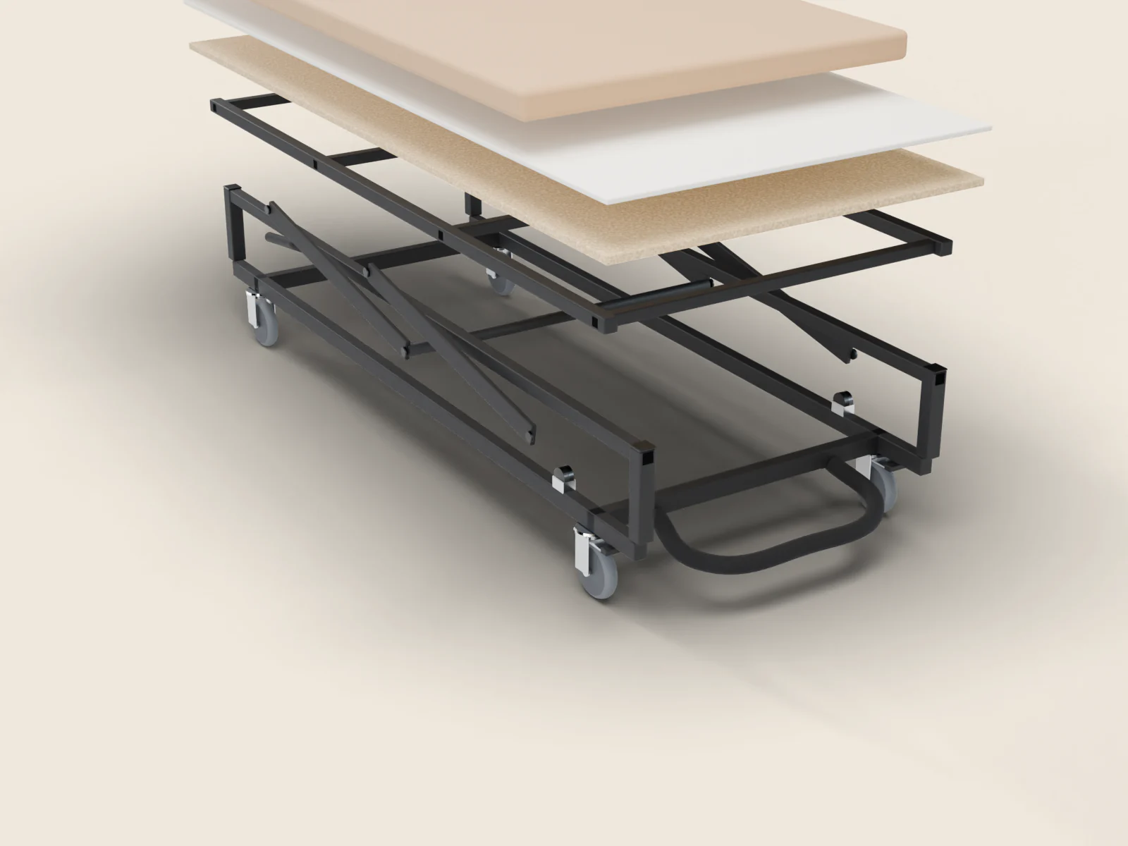 La base de la cama elevable abierta en capas: tejido beige, fibra, tablero de micropartículas y marco de acero.