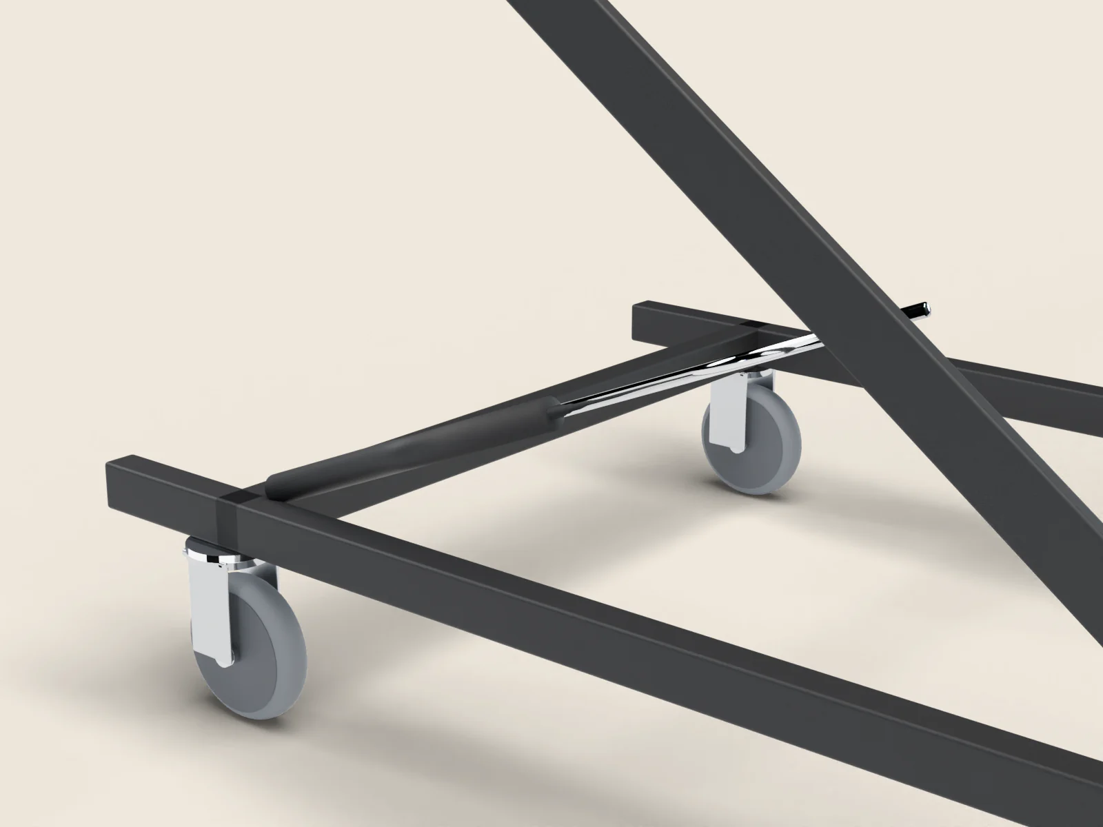 Primer plano del pistón de la cama elevable en posición de extensión: cuerpo negro y vástago cromado.
