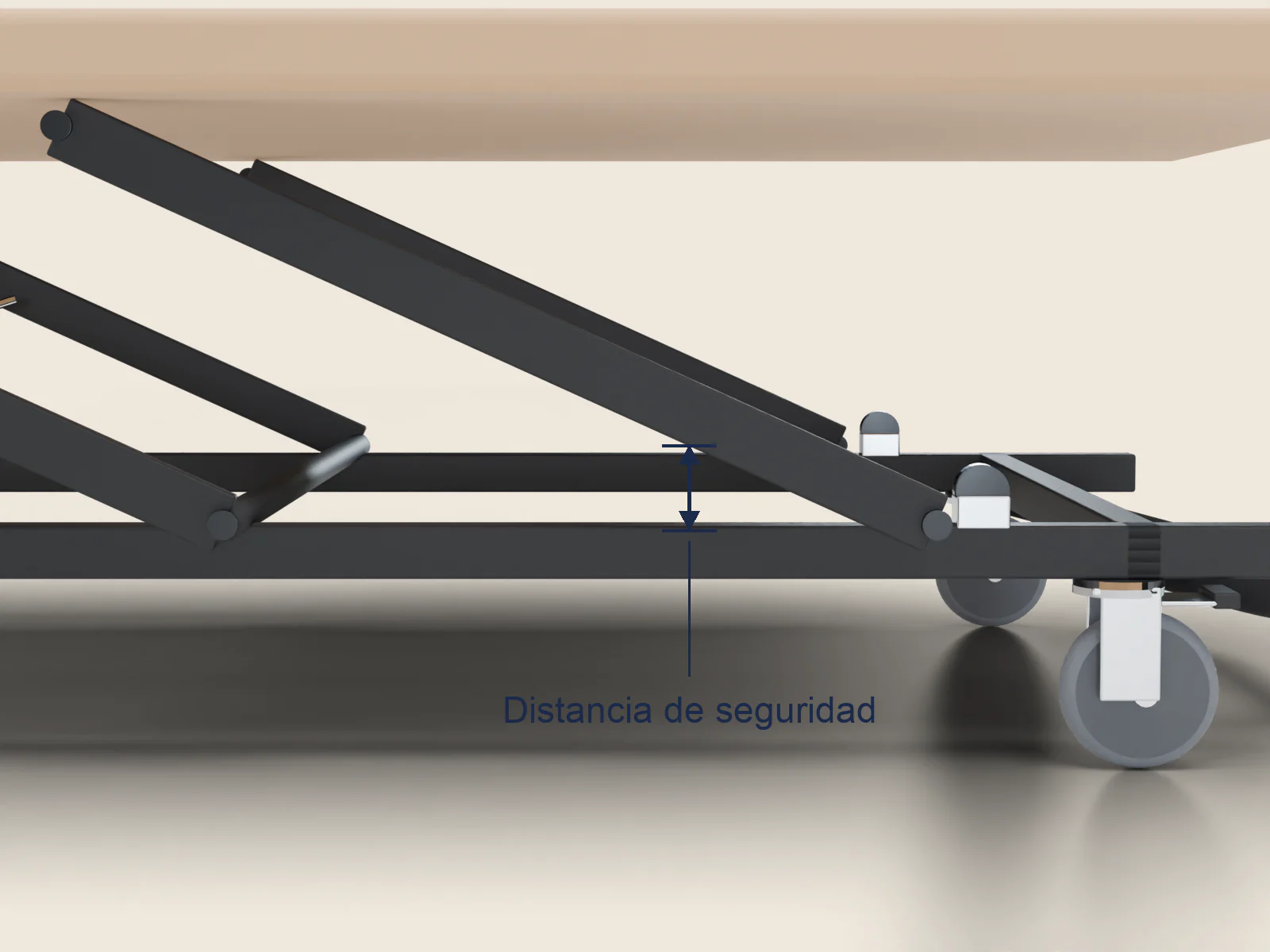La tijera de la cama elevable de perfil, con la cota de la distancia de seguridad dibujada.