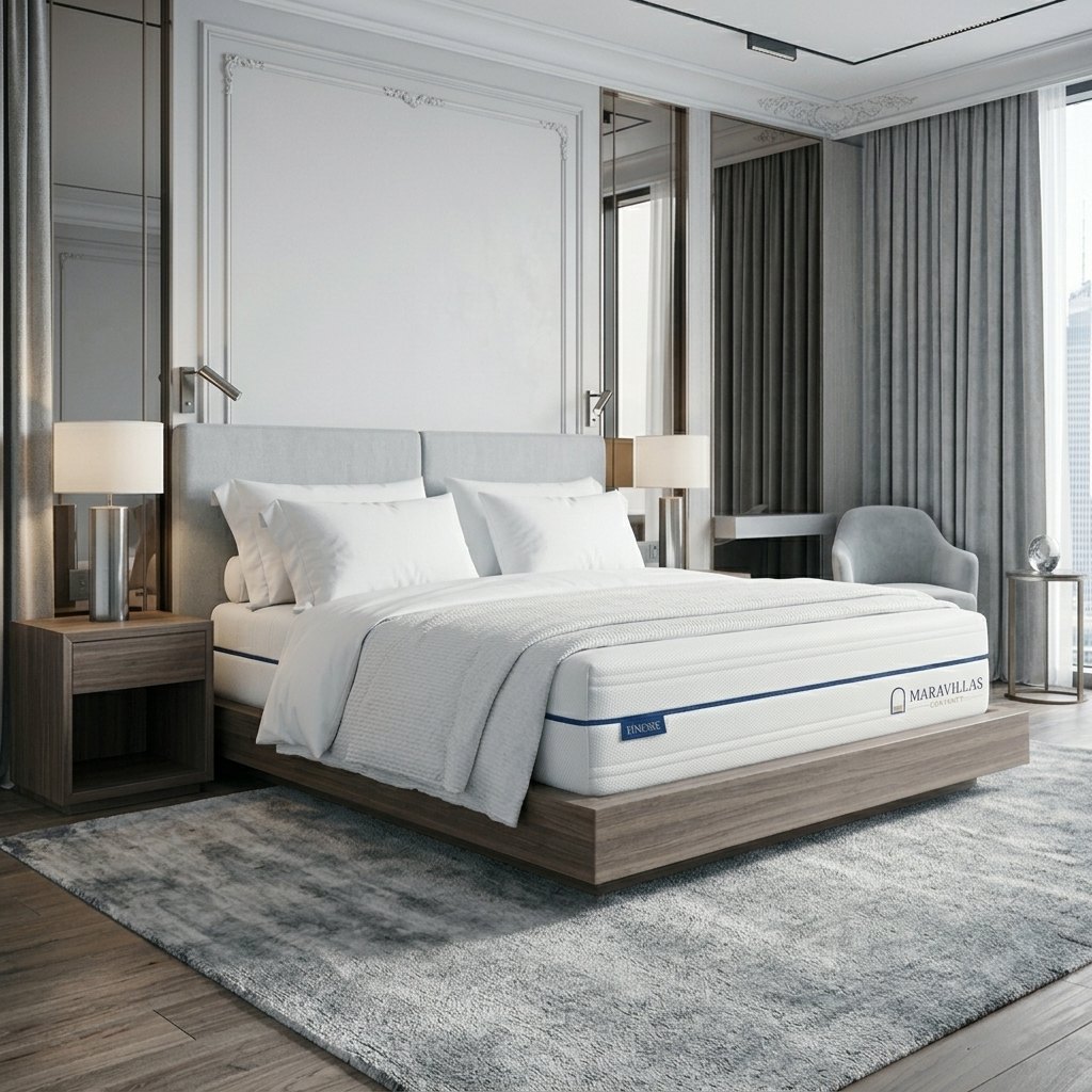 Colchón Finesse en una habitación de hotel clásica, con cabecero tapizado gris y molduras en la pared.