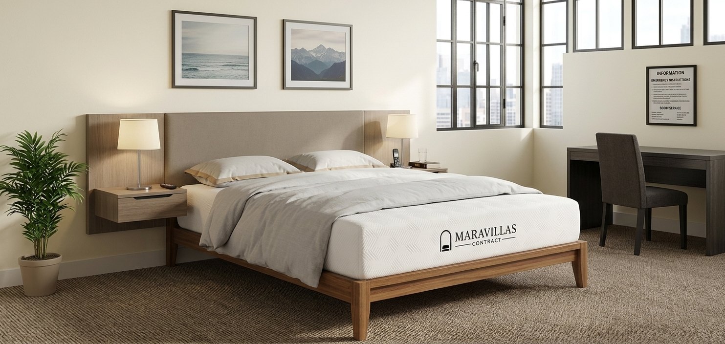 Colchón Studio sobre una cama de madera en una habitación luminosa con cabecero tapizado y escritorio.