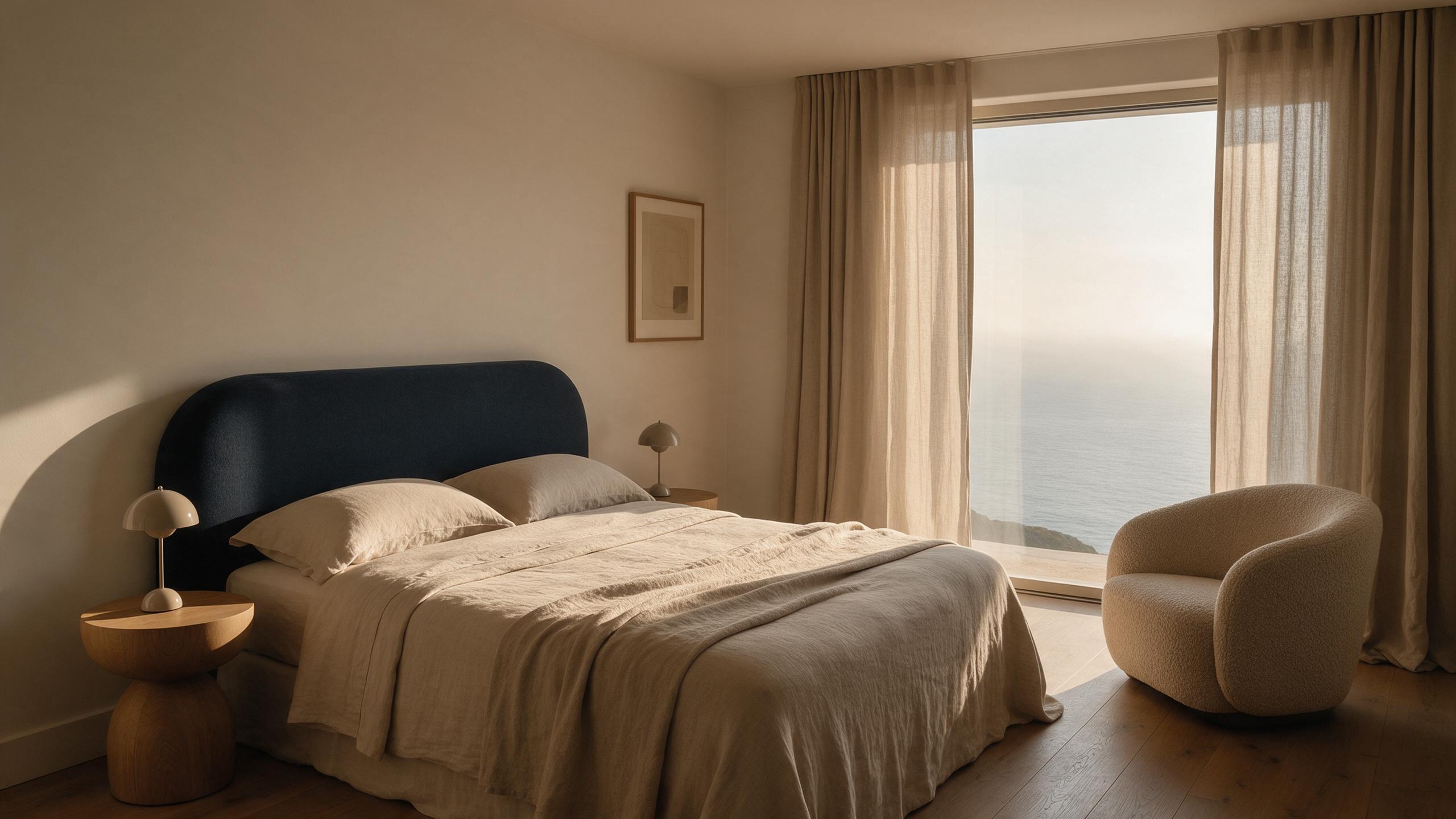 Habitación de hotel con cabecero azul marino, ropa de cama en tonos arena, butaca redondeada y ventanal al mar.
