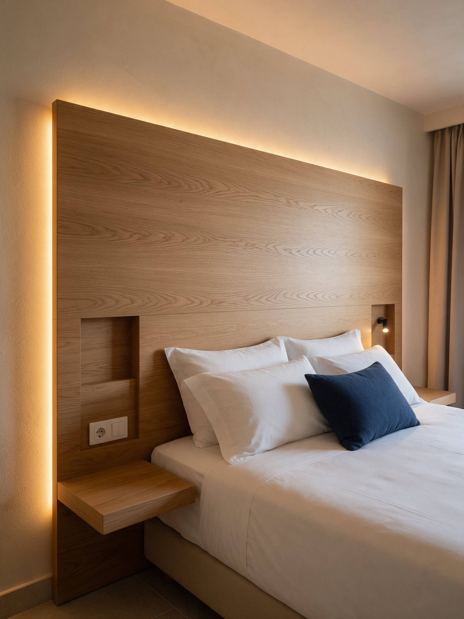 Cabecero de roble a medida de pared a pared, con luz LED integrada y hornacinas, en una habitación de hotel.