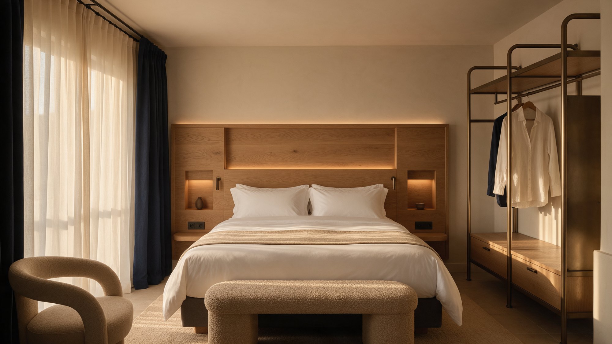 Habitación de hotel hecha a medida: cabecero de roble con luz integrada, banco tapizado a los pies de la cama, cortinas de visillo y opacas y armario abierto de metal bronce.