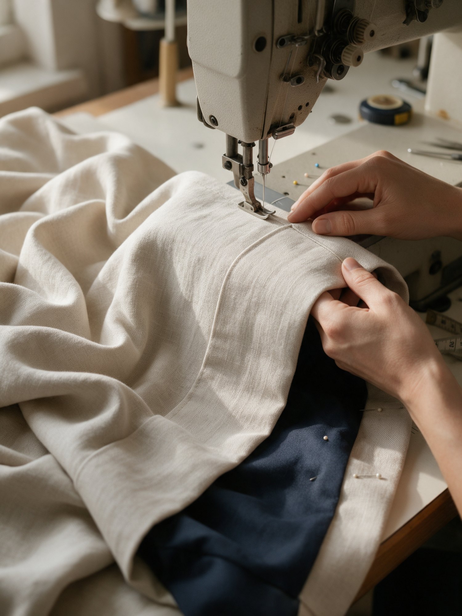 Manos cosiendo el dobladillo de una cortina de lino en una máquina de coser industrial.