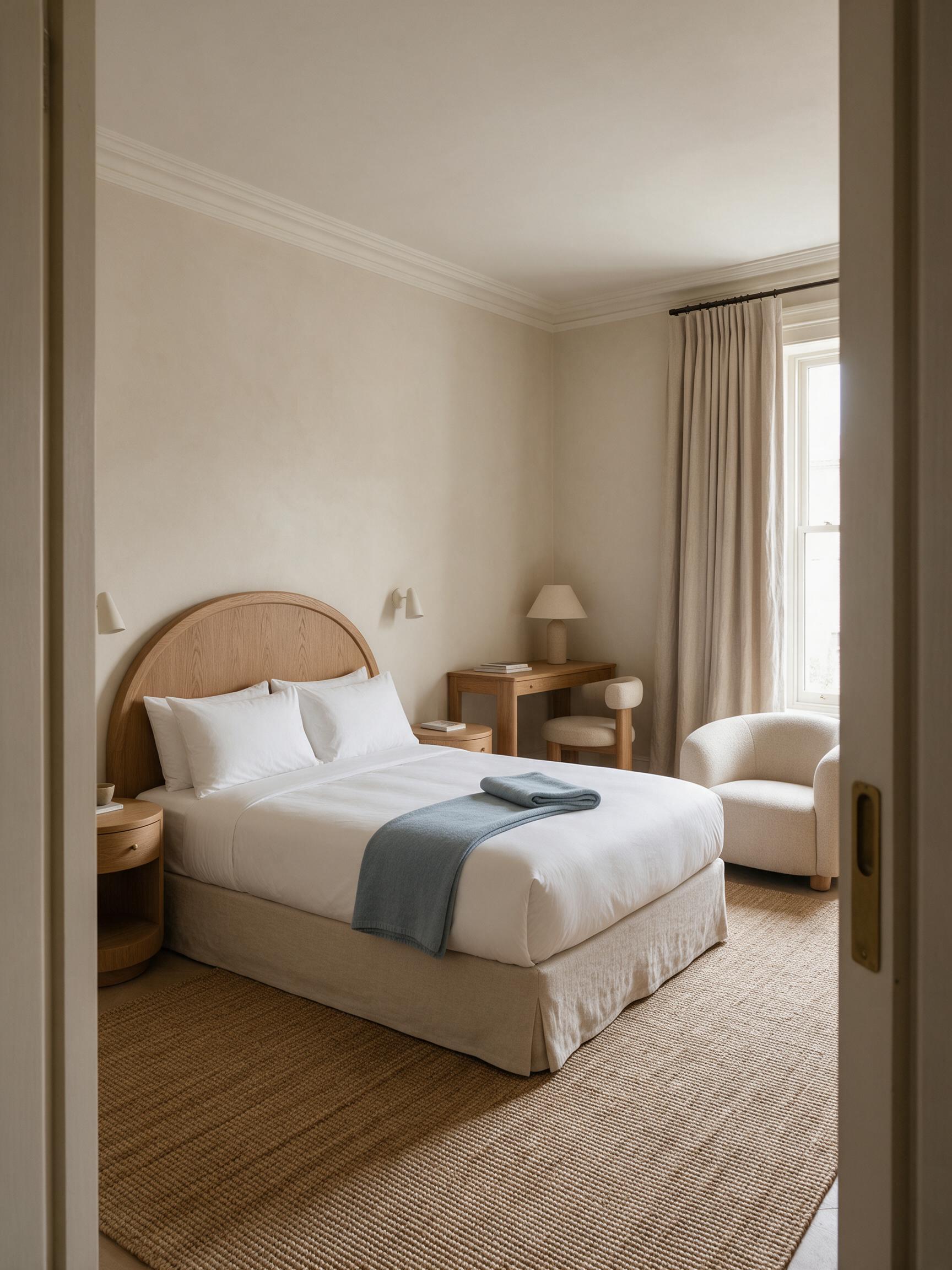 Habitación de hotel con cabecero redondeado, mesita de noche, escritorio y butaca.