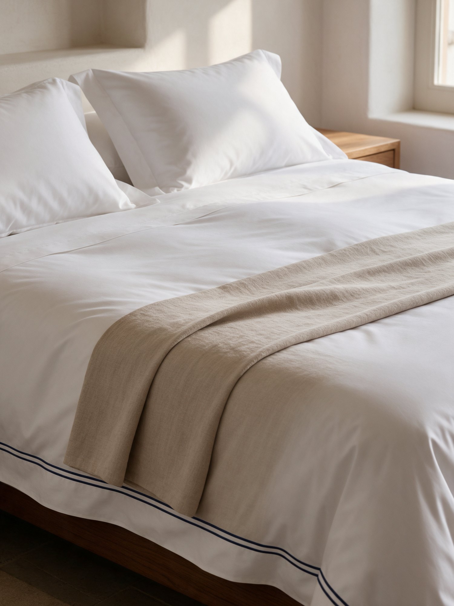 Cama de hotel hecha, con la ropa de cama a la vista.